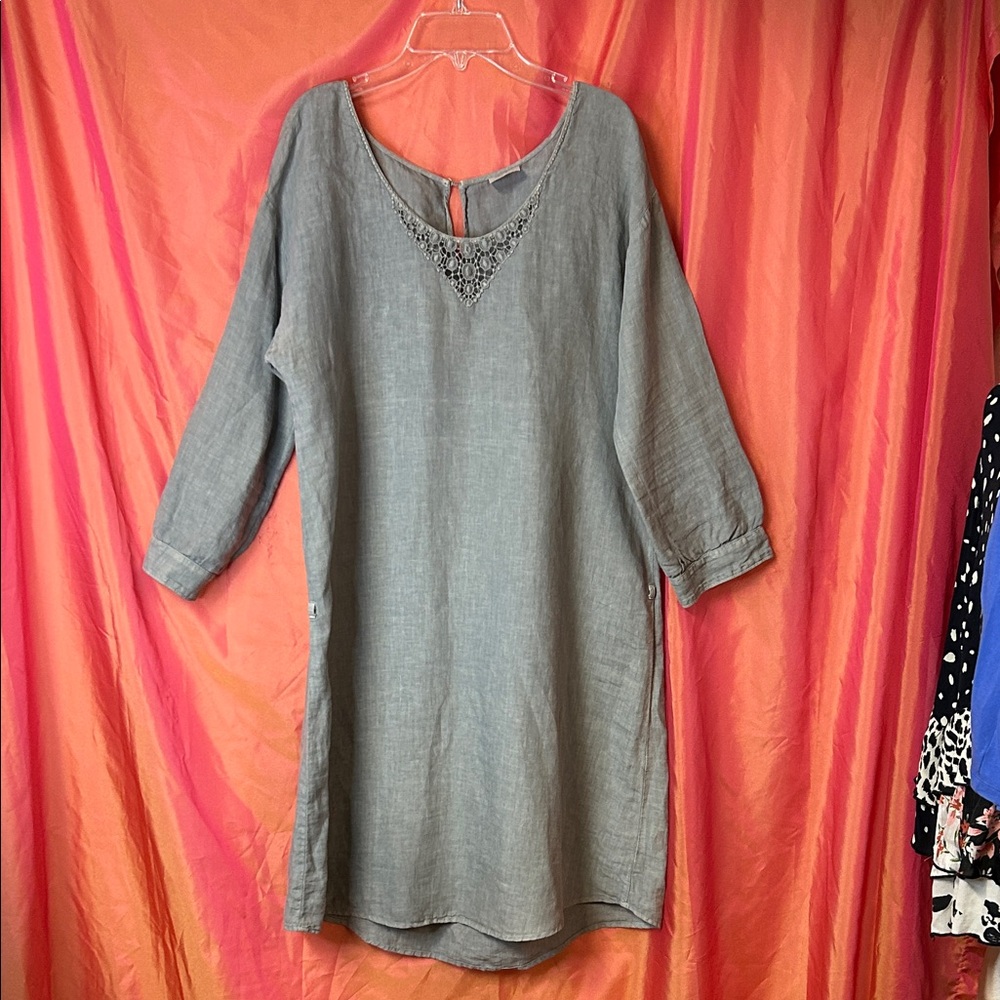 Hartford Women's Linen Dress Size 3 (L) Gray with Embellished Neckline